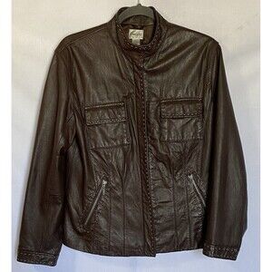 Chico's Genuine Leather Jacket Womens Size 1 US Small 8 Dark Brown Lined Moto